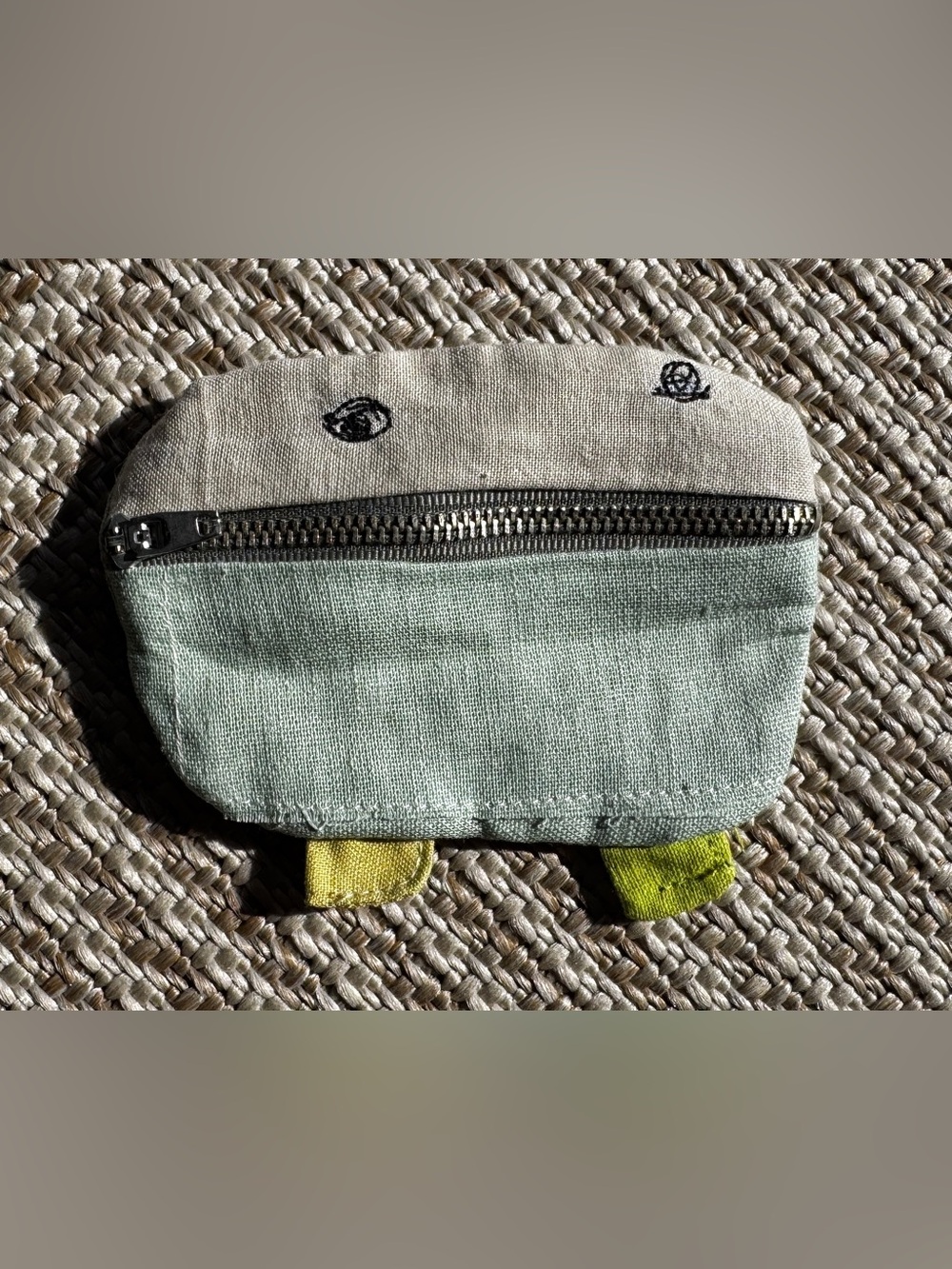 Brand New Anthropologie green and cream canvas monster pouch with yellow feet